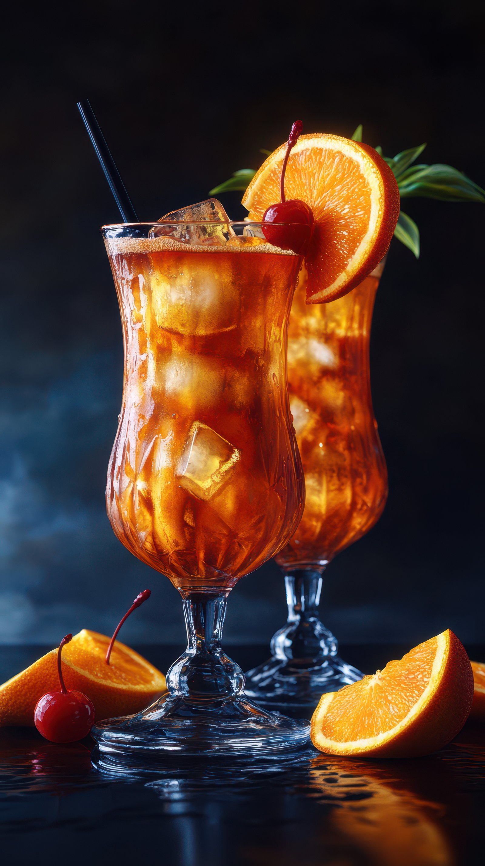Refreshing iced tea cocktails adorned with cherries and orange slices in a dimly lit setting